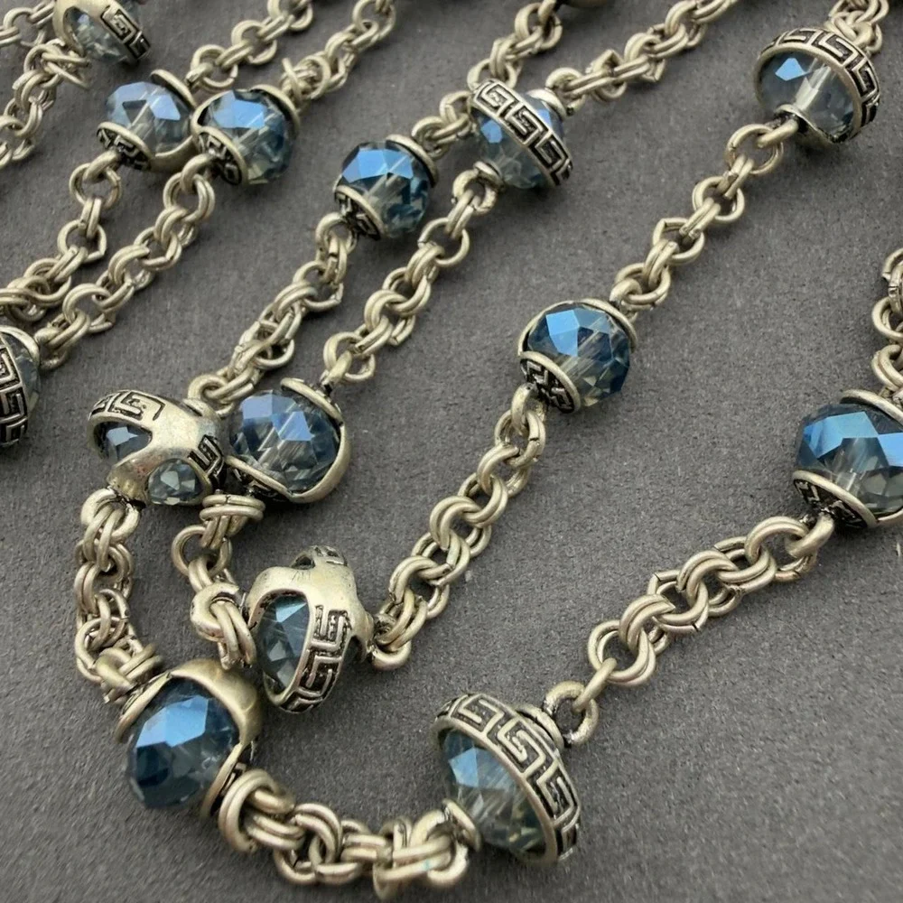 Premier Designs Greek Key Station Necklace Blue Crystal Long Layering Silver